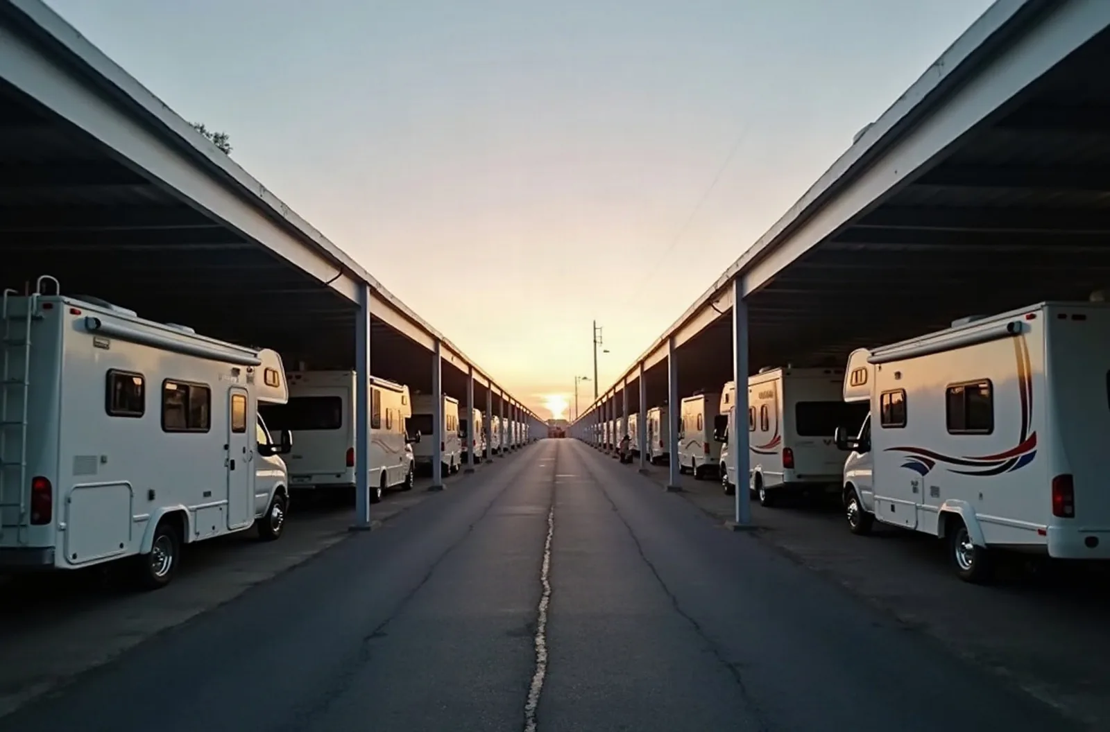 Covered RV canopy row at dusk with motorhomes parked rear-out, showing an affordable canopy storage option.