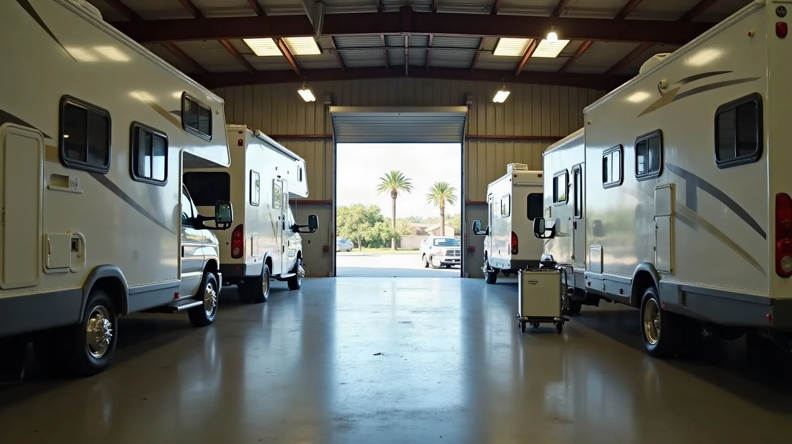 Motorhomes parked inside a climate controlled storage warehouse, with a dehumidifier and palm trees visible through the open door.