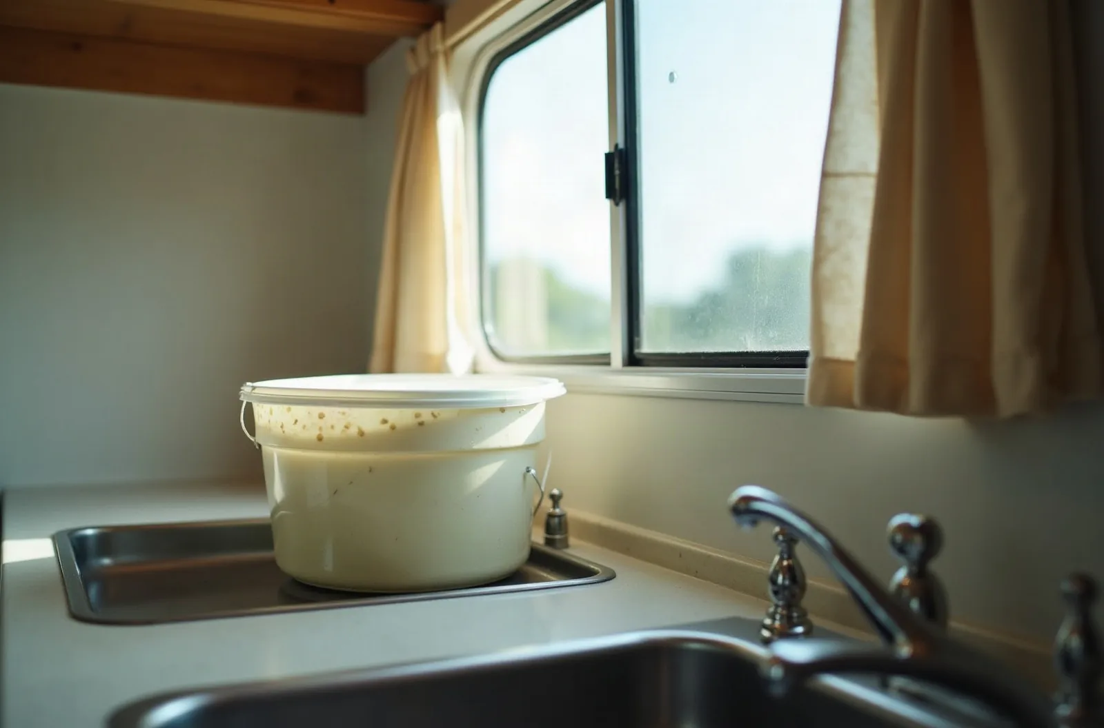Moisture absorber tubs on an RV kitchen counter, a simple step to reduce humidity when using climate controlled RV storage.
