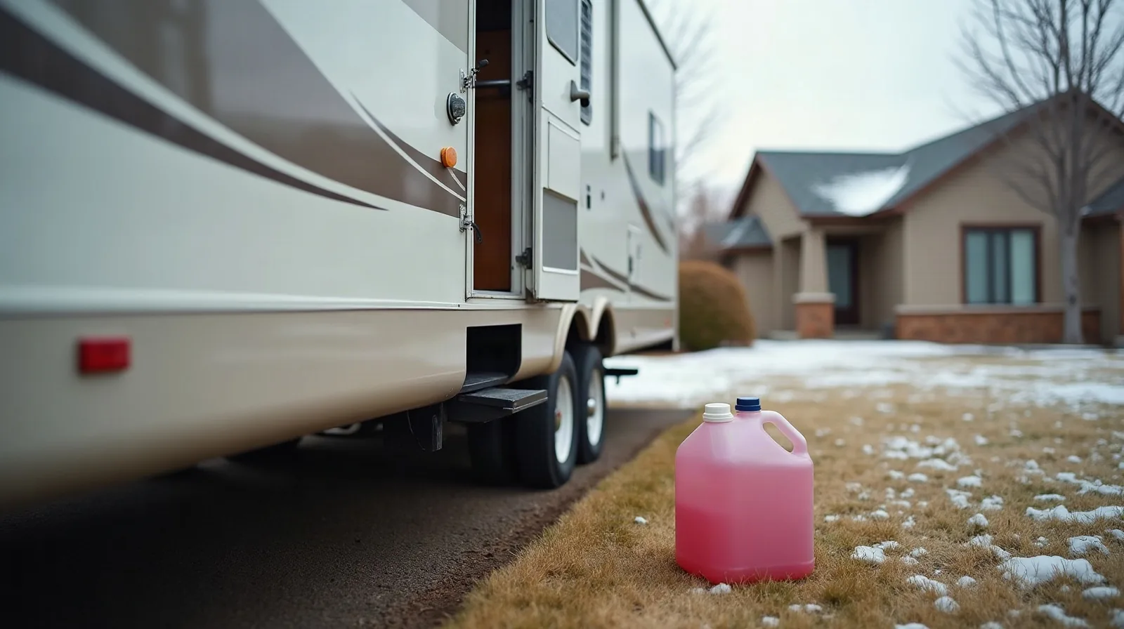 Fifth wheel RV in a snowy Colorado driveway with water heater door open and pink antifreeze jug, showing how to prepare RV for storage.