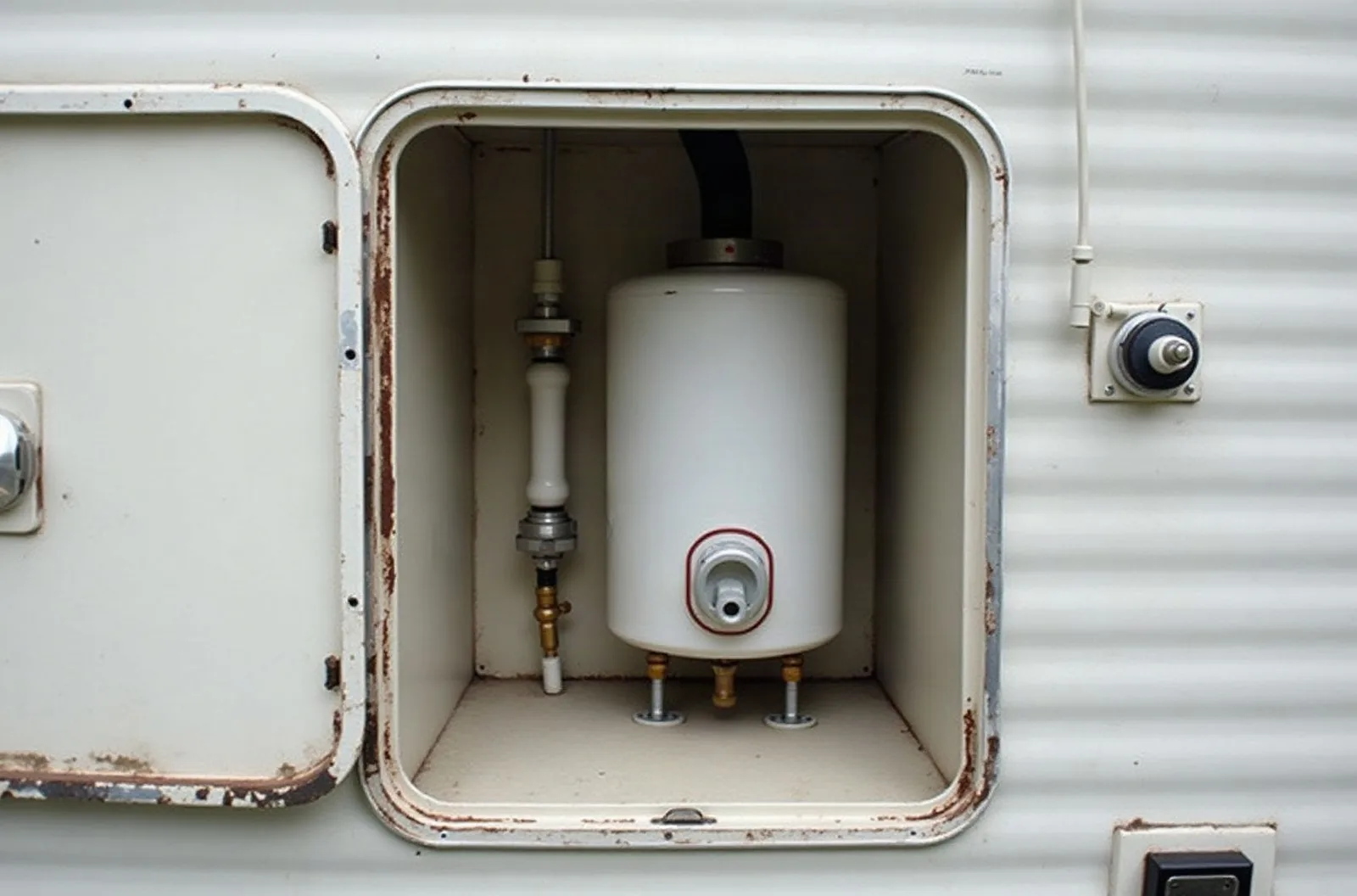 Open RV water heater compartment with tank and valves, part of how to prepare RV for storage by draining it.