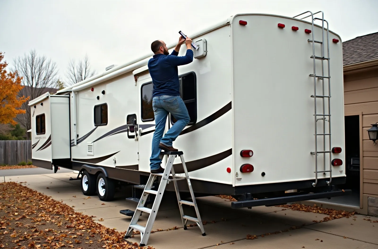 Person on ladder checking fifth wheel roof sealant in Colorado fall, a key step in how to prepare RV for storage.