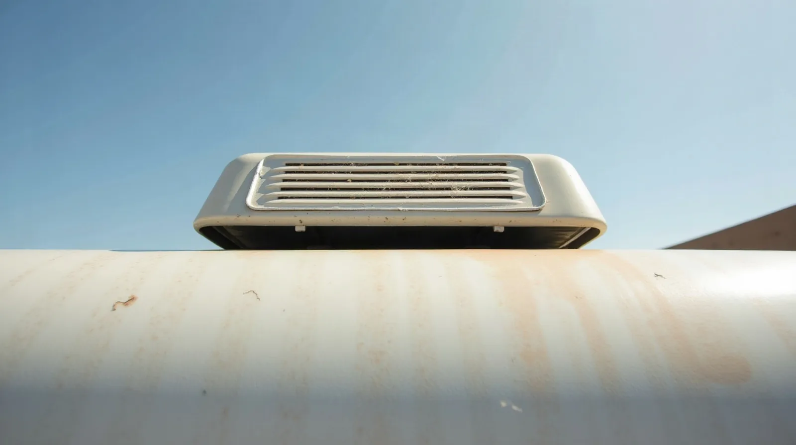 Sun-faded RV roof with cracked white sealant around a roof vent, showing damage from outdoor RV storage in Arizona.