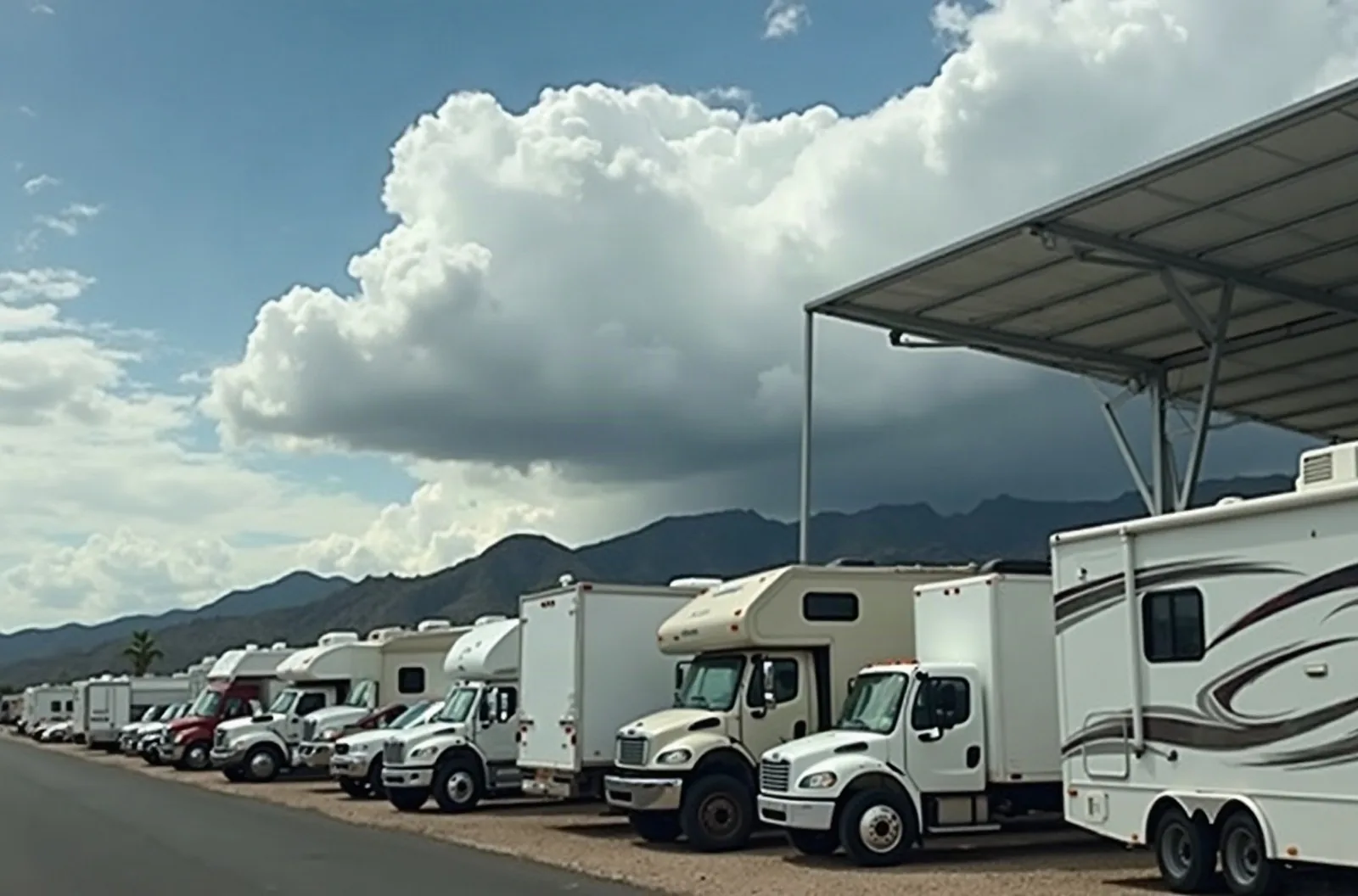 Motorhomes parked under a steel canopy, a covered RV storage option with monsoon clouds over Arizona mountains.