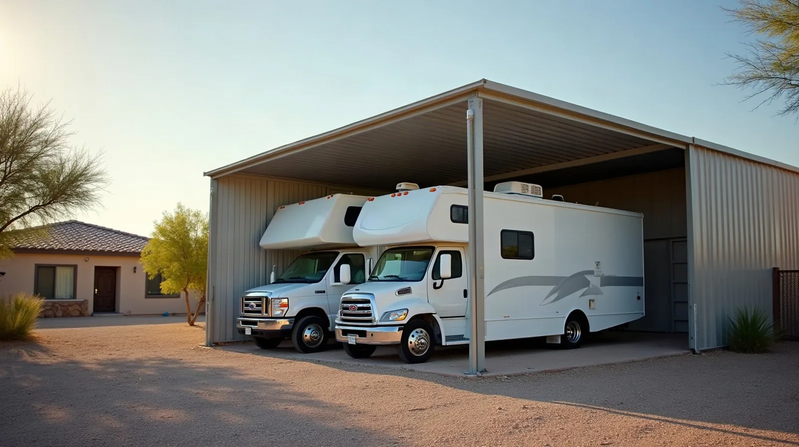 Metal RV carport with enclosed storage room beside an Arizona stucco house, Class A motorhome parked under, gravel yard and desert landscaping. RV carport with storage in a residential setting.