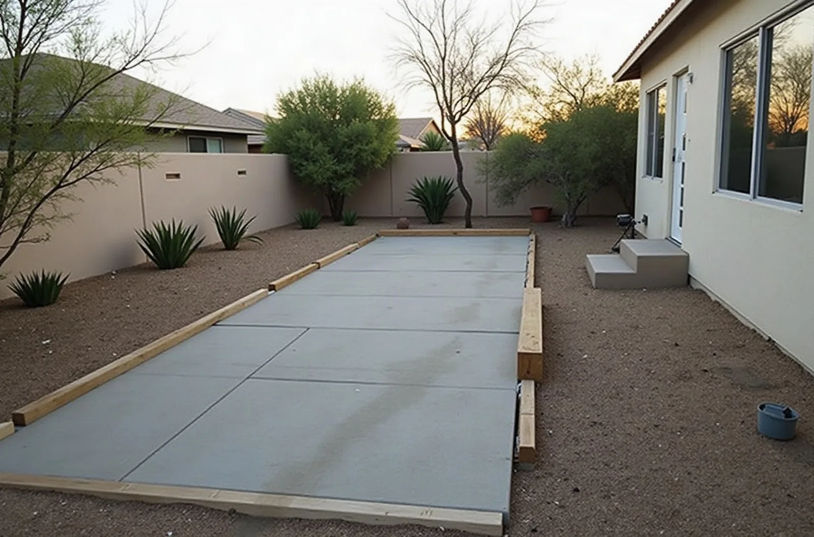 Freshly poured concrete pad with wooden forms in a side yard, desert landscaping, ready for an RV carport with storage.