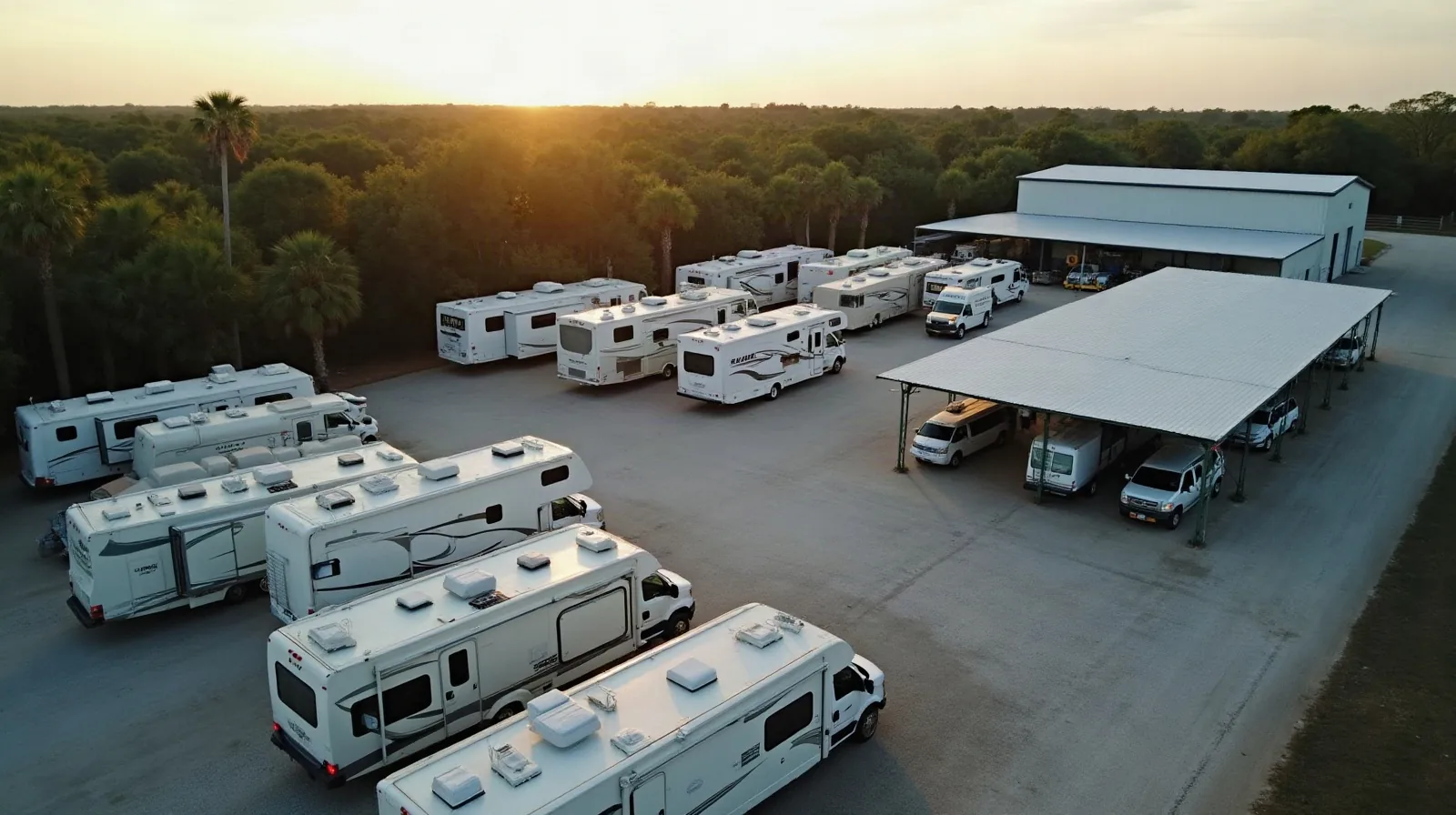Aerial view of a Florida RV storage lot with open gravel spaces, steel canopies, and a metal building, showing typical RV storage cost by type.