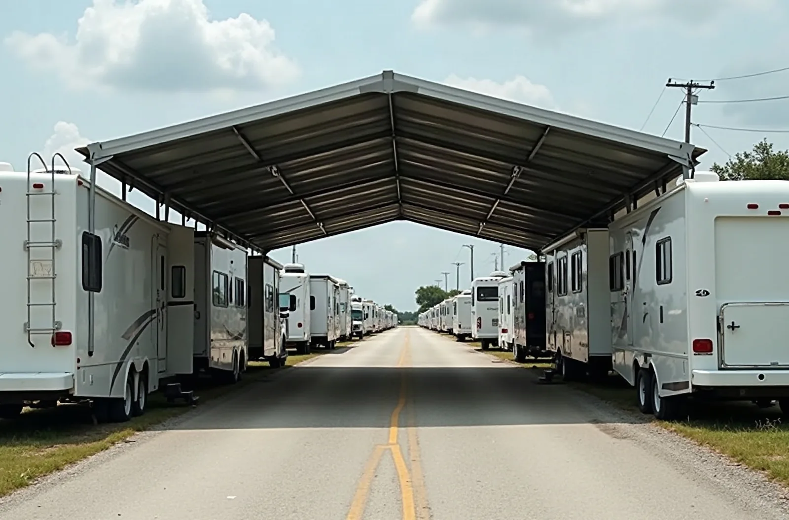Row of motorhomes under a steel canopy at an RV storage facility, illustrating covered RV storage cost.