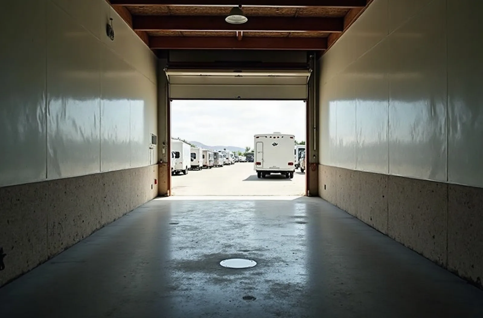 Empty enclosed storage bay with a half-open roll-up door, the priciest tier of RV storage cost