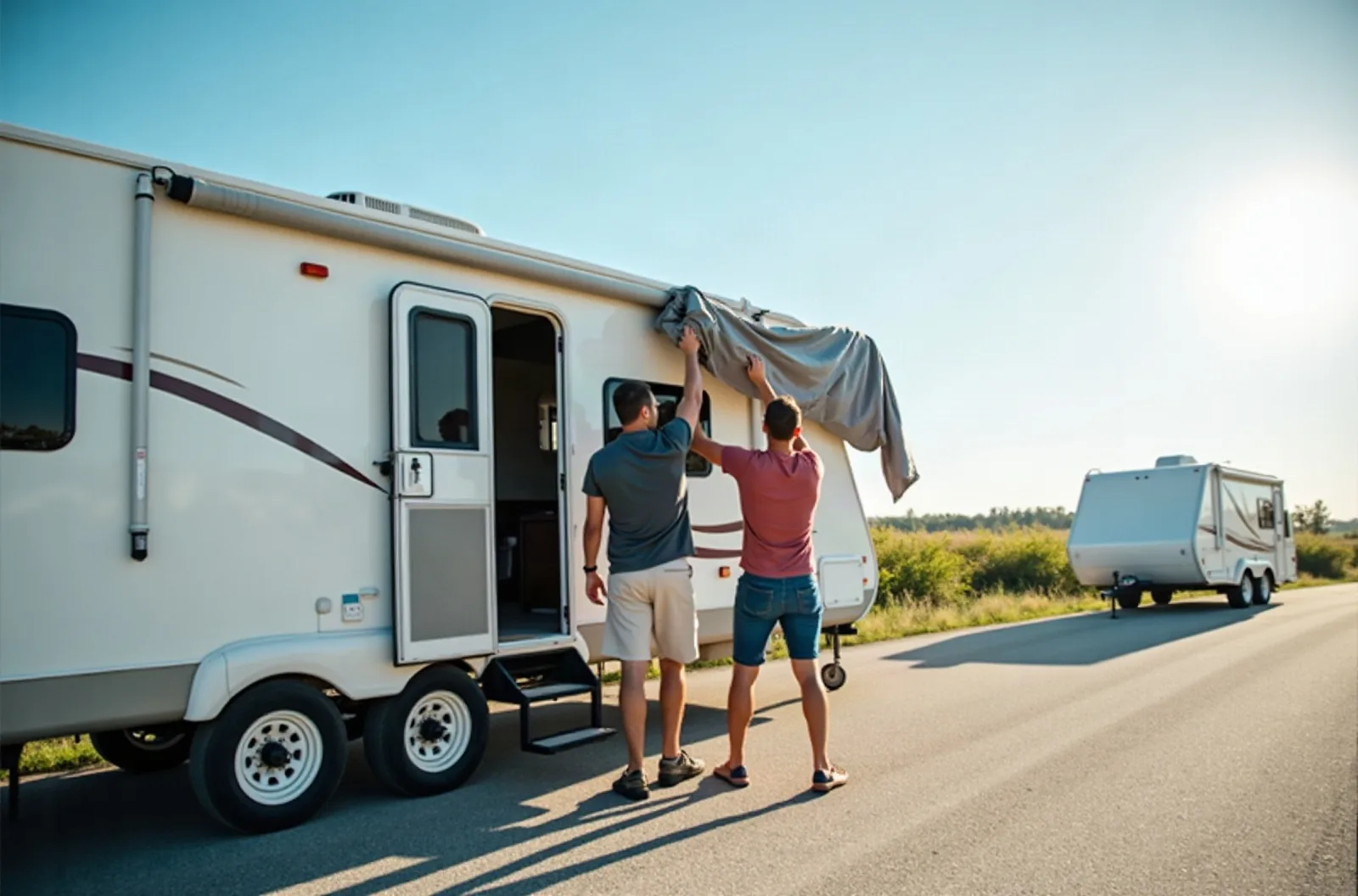 Two people unrolling a gray RV storage cover across the roof of a travel trailer