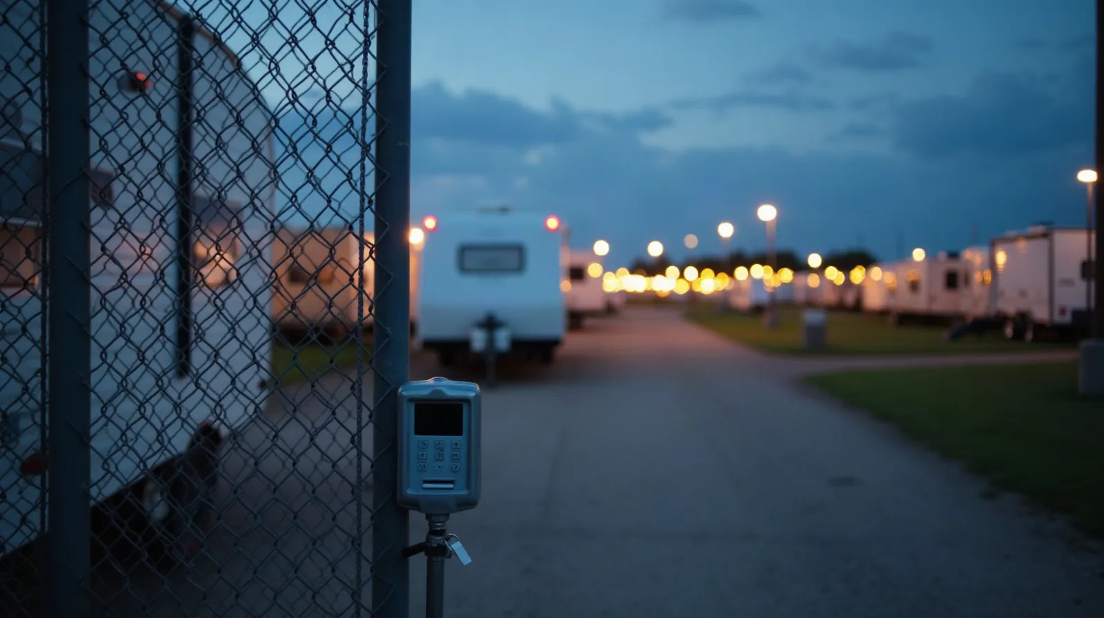 Gated entrance of an RV storage facility at dusk with chain-link gate, keypad post, and rows of trailers under lot lights.