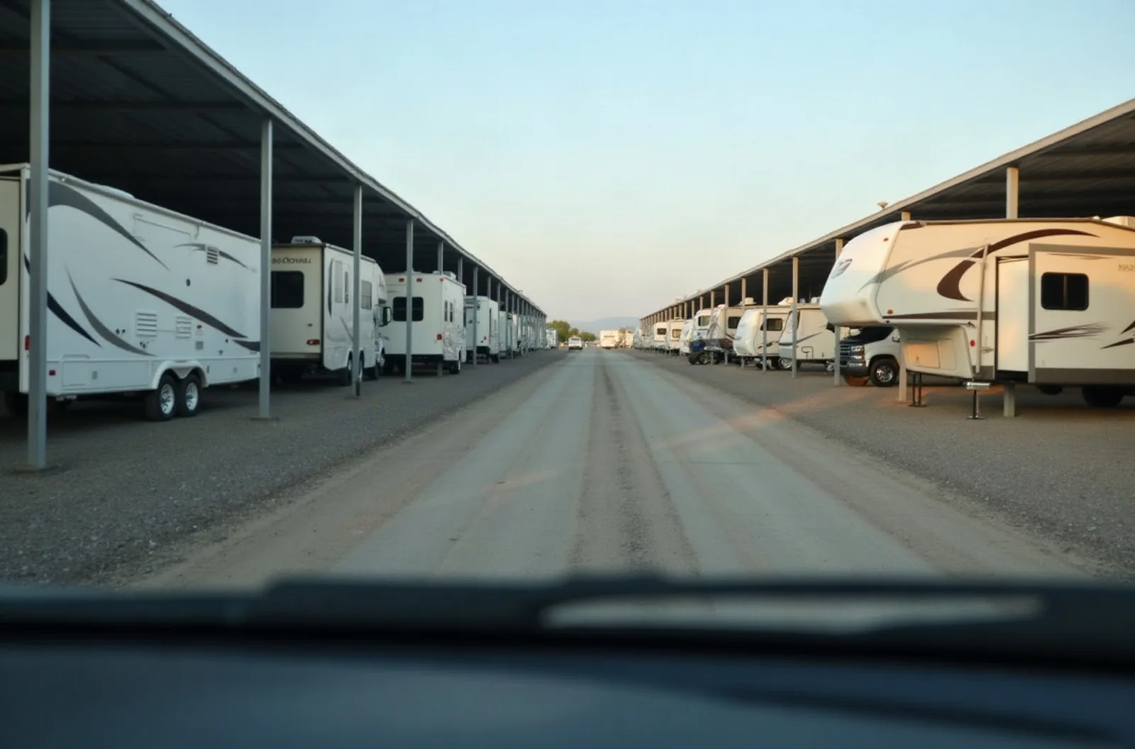 View through a pickup windshield of a wide gravel aisle between covered RV storage spaces with room to turn.