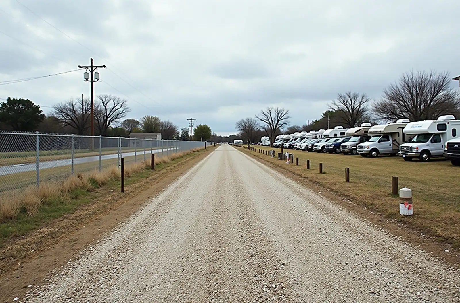 Wide gravel aisle with puddles between empty spaces, the drainage and turning room to check at an RV storage facility