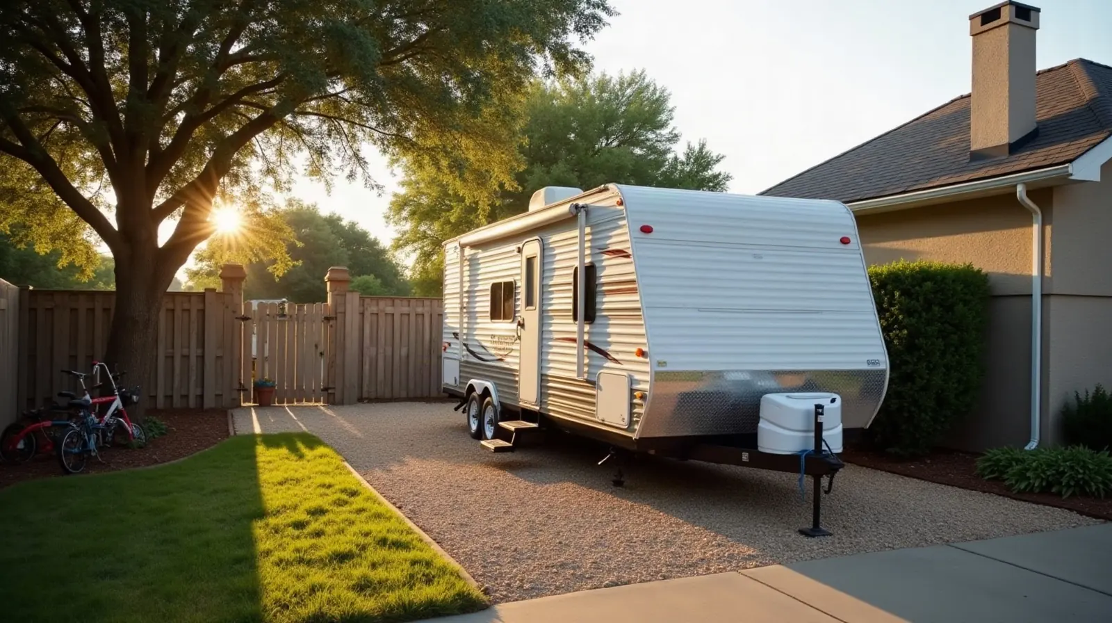 Travel trailer parked on a gravel pad beside a suburban Texas house, behind an open wooden side-yard gate with kids' bikes leaning on the fence, illustrating one of many RV storage ideas for a travel trailer.