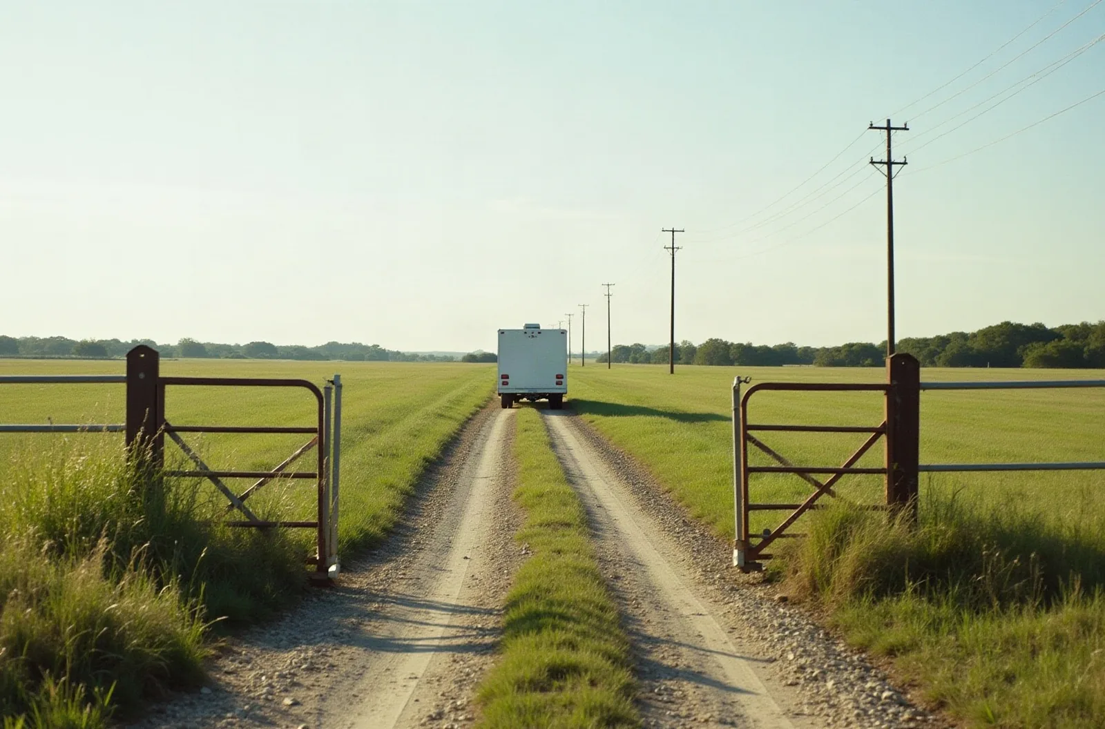 Open farm gate and tire tracks into a Texas pasture, one of the cheaper RV storage ideas if family has land