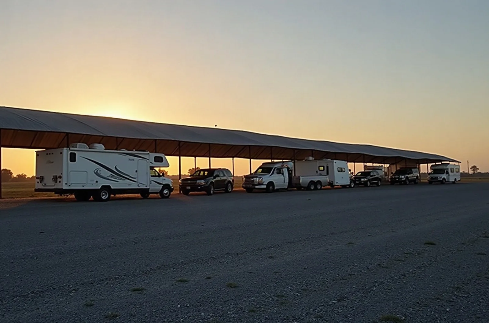 Steel storage canopy seen across a gravel lot at sunset, the paid end of the RV storage ideas list