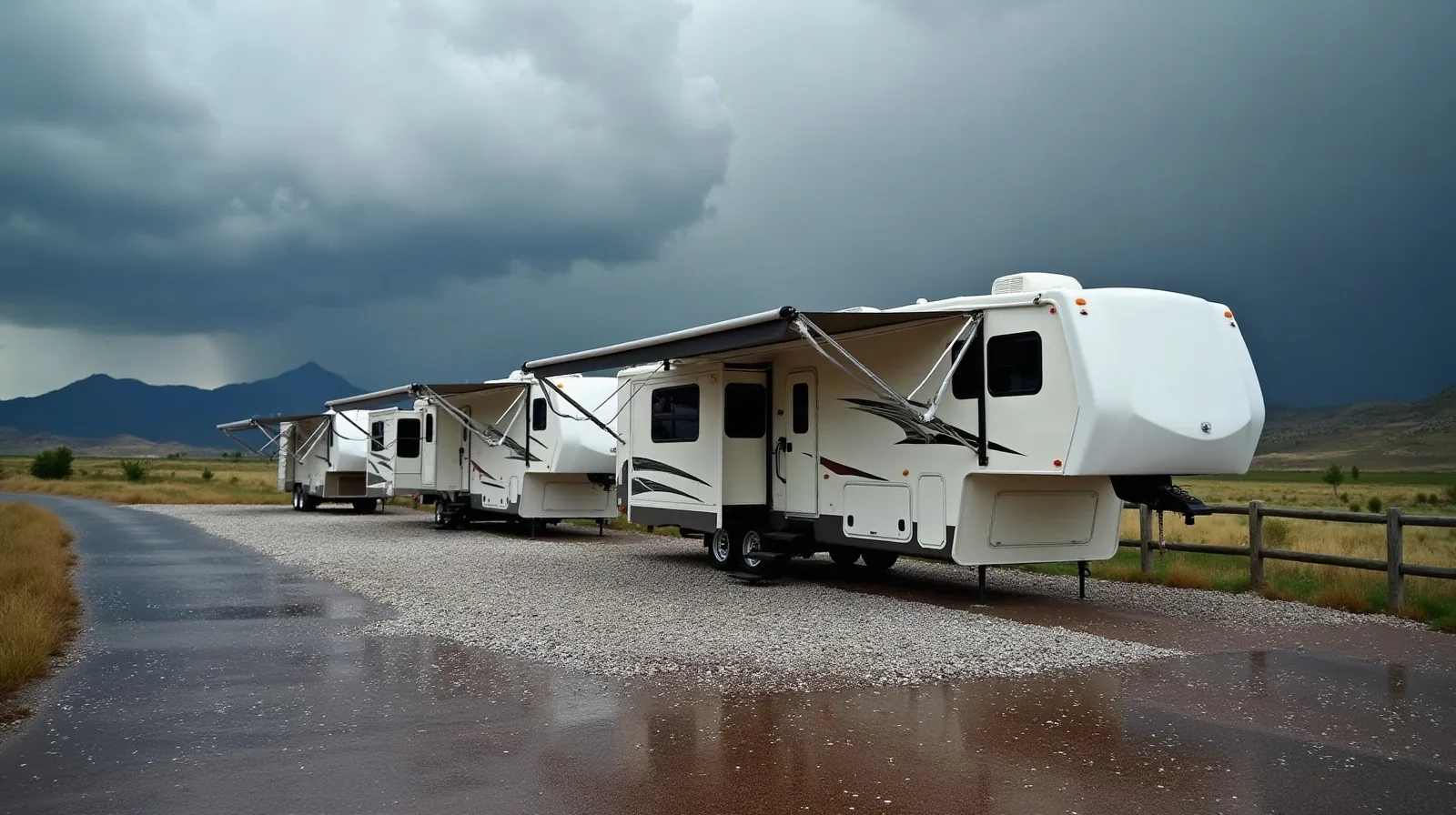 Fifth wheel RV under a steel canopy after a hailstorm with hailstones on gravel and Colorado foothills behind, illustrating RV storage insurance coverage for hail damage.