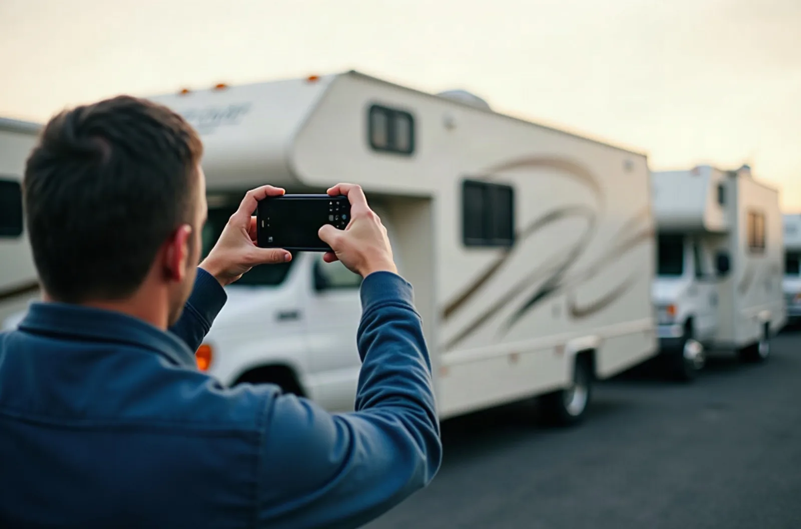Person photographing their RV with a phone from behind in a storage lot, documenting condition for RV storage insurance claims.