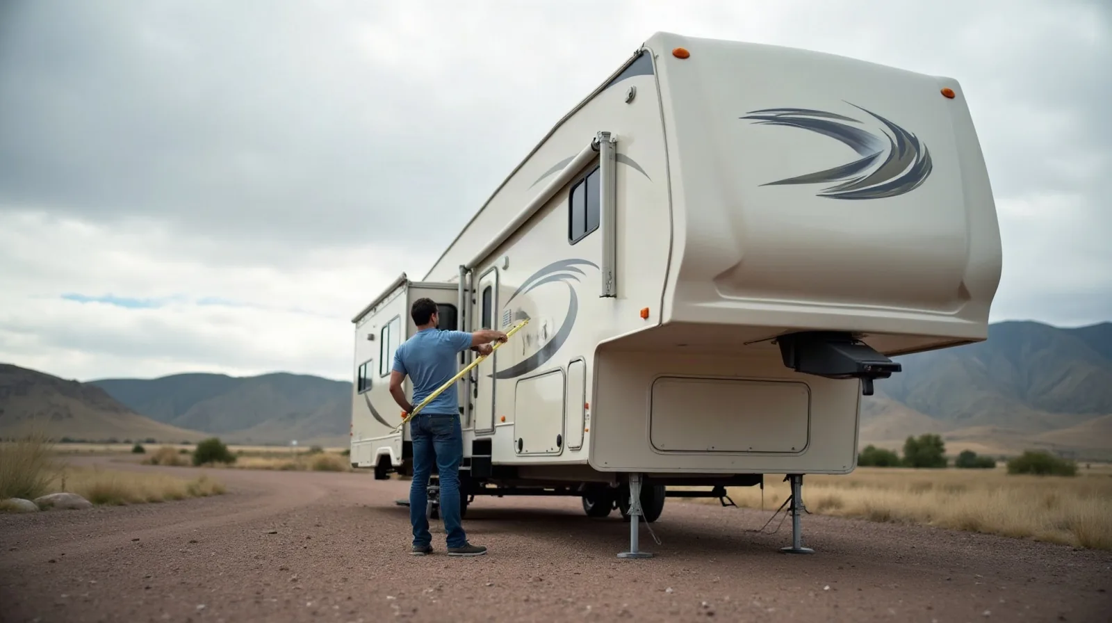 Man measuring the side of a fifth wheel RV parked on gravel under a cloudy Colorado sky, demonstrating how to determine RV storage size.