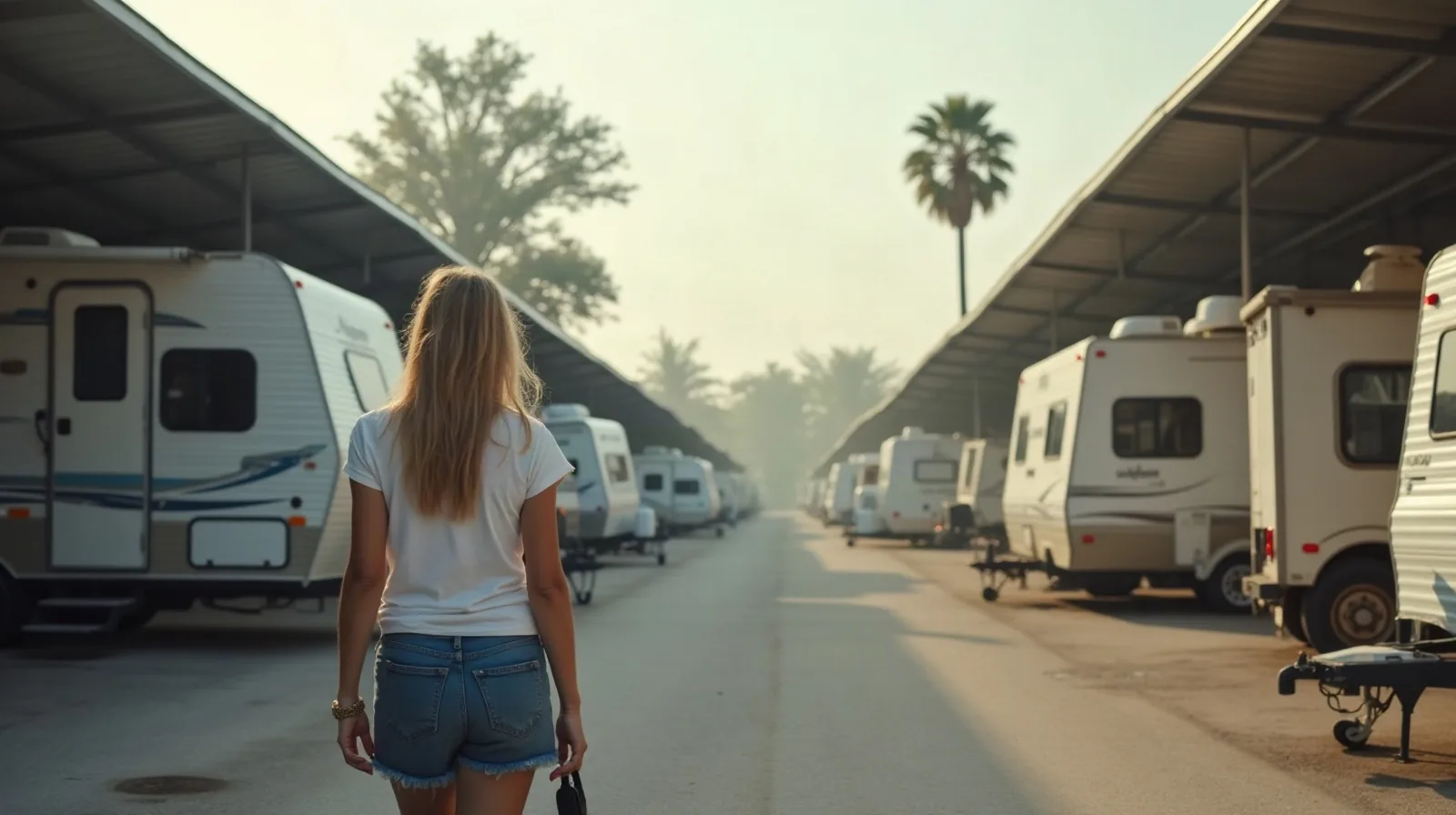 Woman carrying a battery charger walking past covered RVs in a Florida storage yard with palm trees and morning haze, illustrating practical RV storage tips.