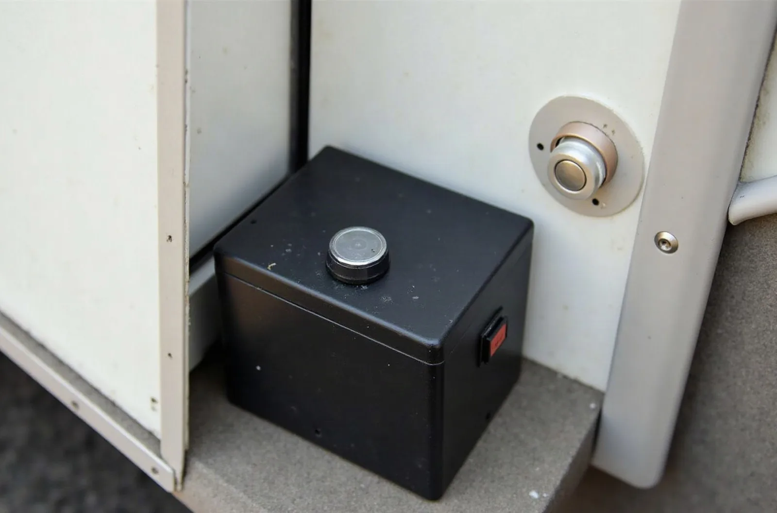 Close-up of a battery disconnect switch and black battery box on an RV trailer tongue, part of RV storage tips for battery maintenance.